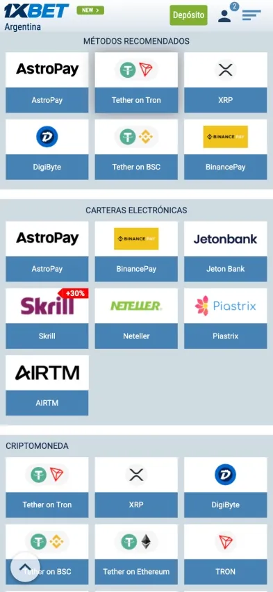 1xbet app página de depósito